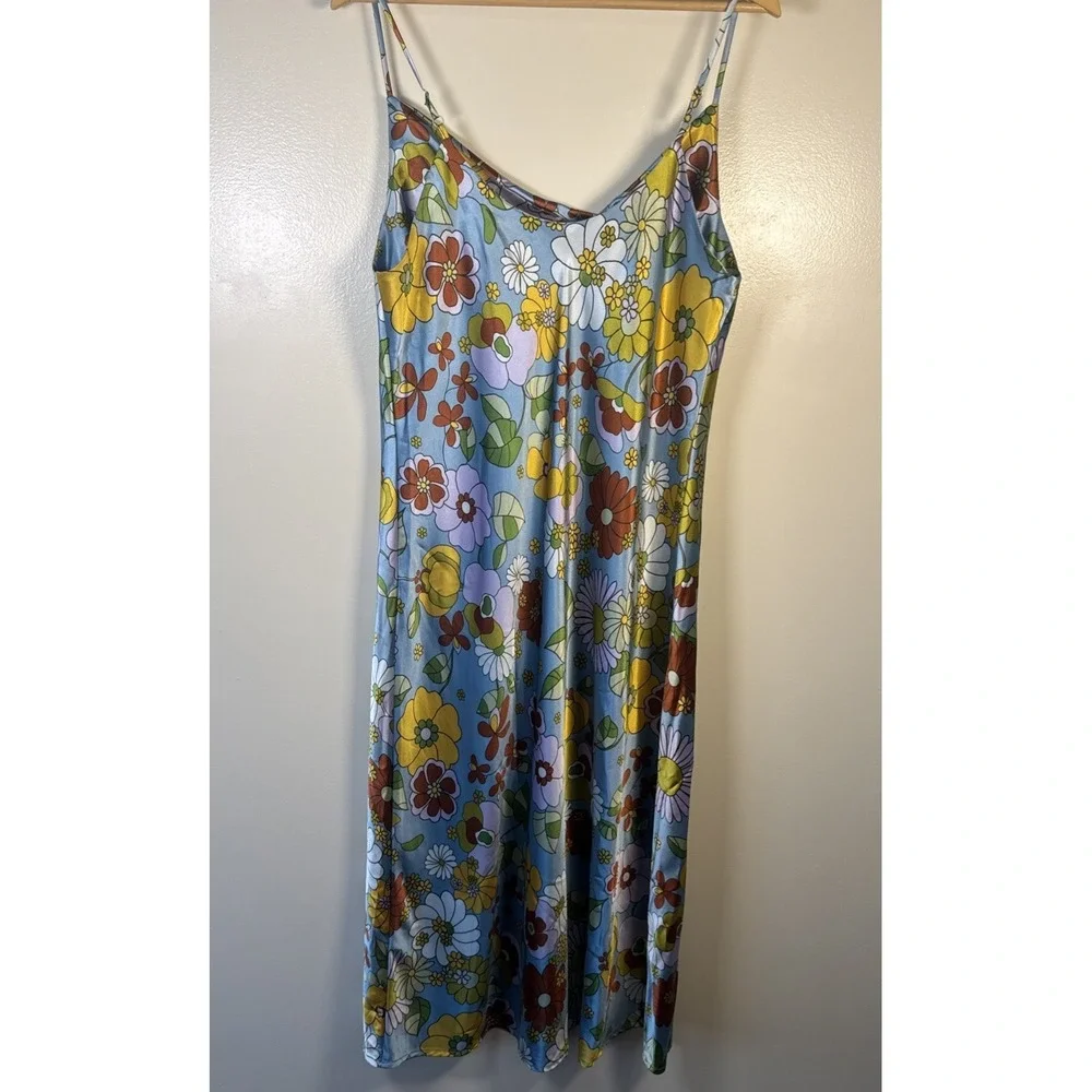 Emma and Michelle Floral Blue Slip Midi Dress Sexy Y2K Phoebe Friends Sz L Retro - Picture 9 of 9